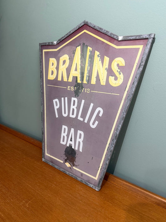 Vintage Brains Public Bar Original Sign | Welsh Brewery Pub Sign | Rustic Bar Wall Decor - The Vintage Allure