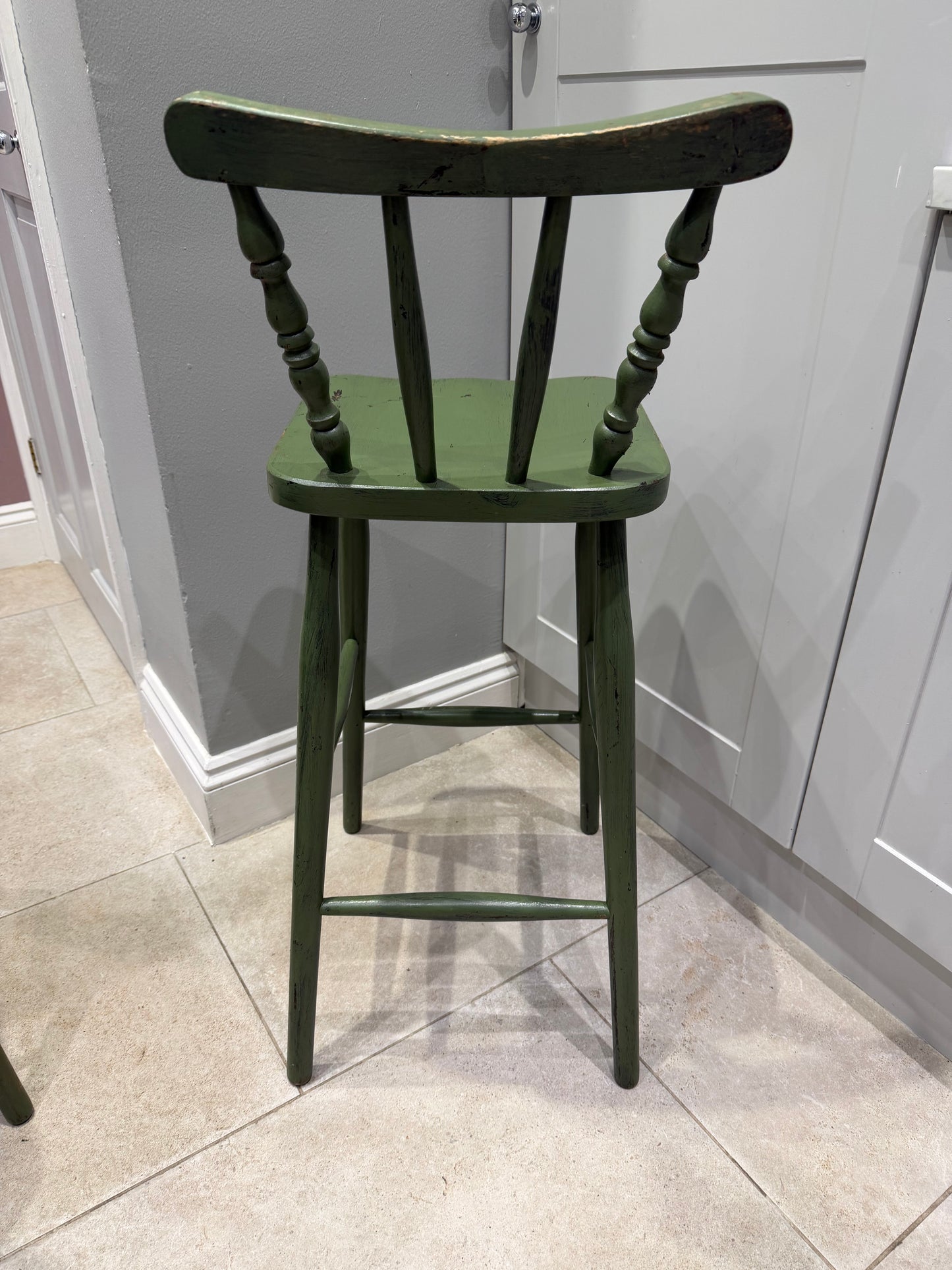 Vintage Green Bar Stools – Set of 2 Farmhouse Spindle Back Counter Chairs