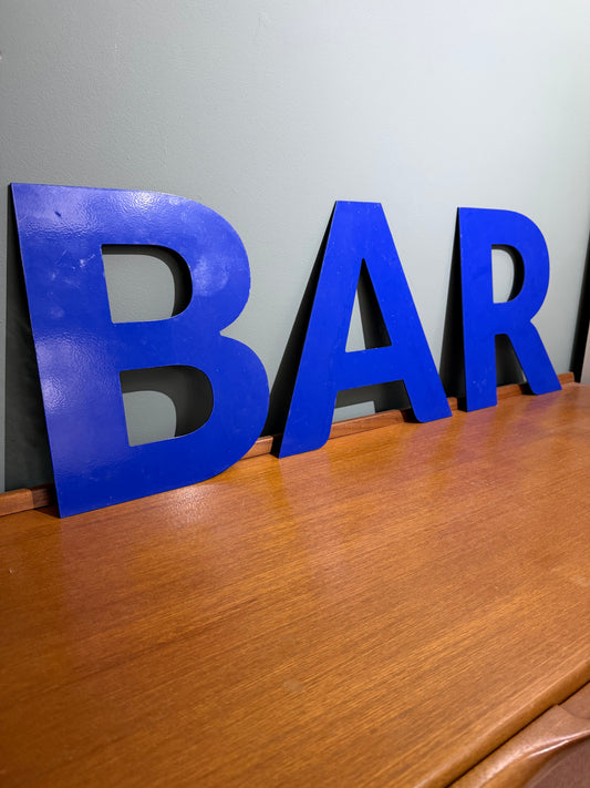 Vintage Metal BAR Letters – Bold Blue Gloss Finish, Man Cave Decor