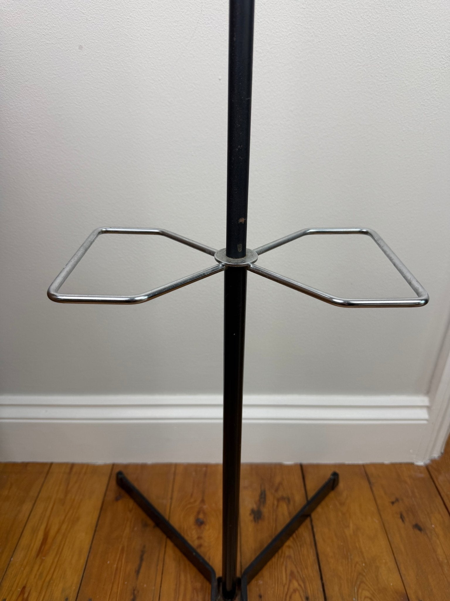 Mid - Century Atomic Coat Rack | Black Metal, Red Accents - The Vintage Allure