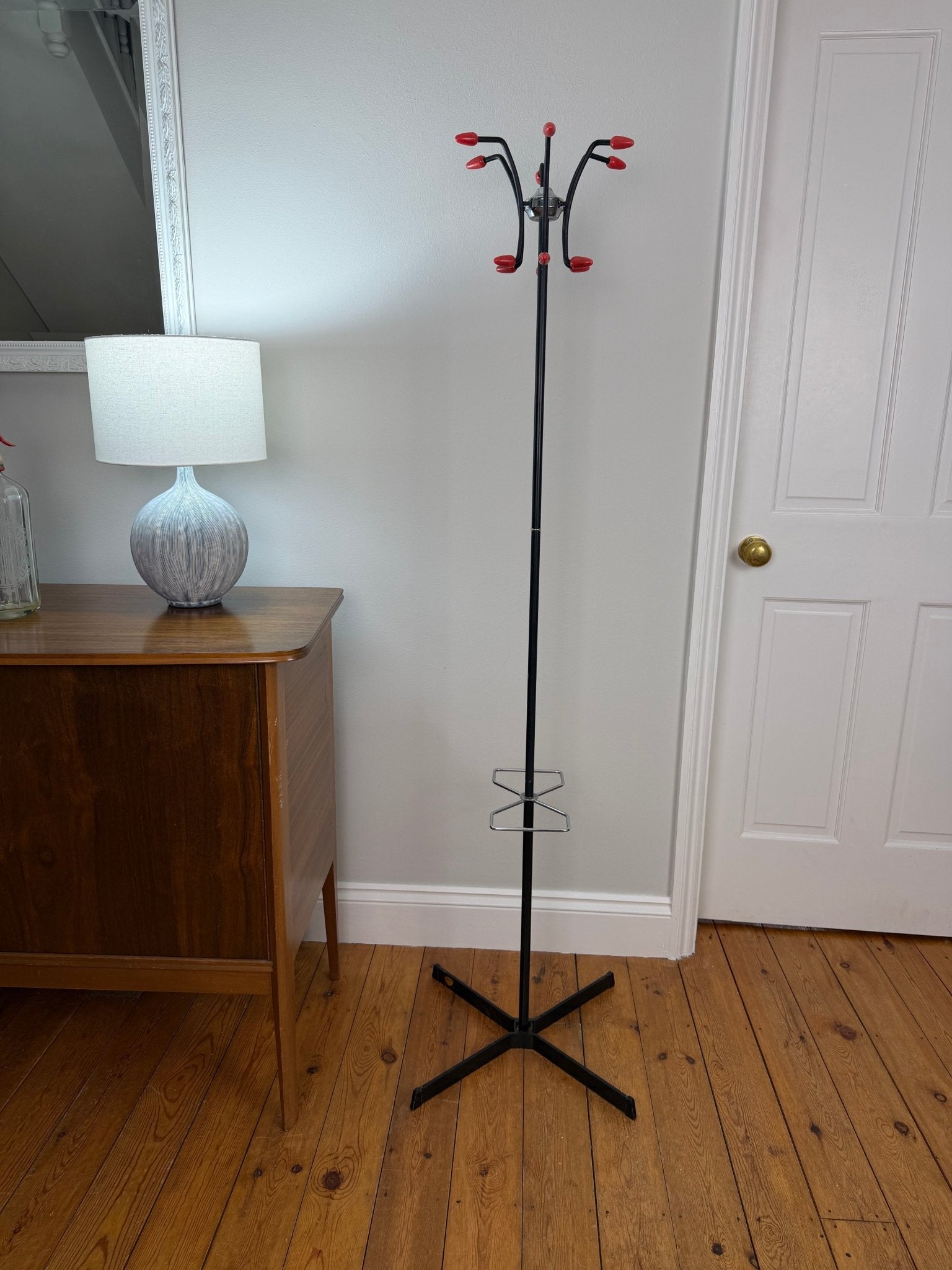 Mid - Century Atomic Coat Rack | Black Metal, Red Accents - The Vintage Allure
