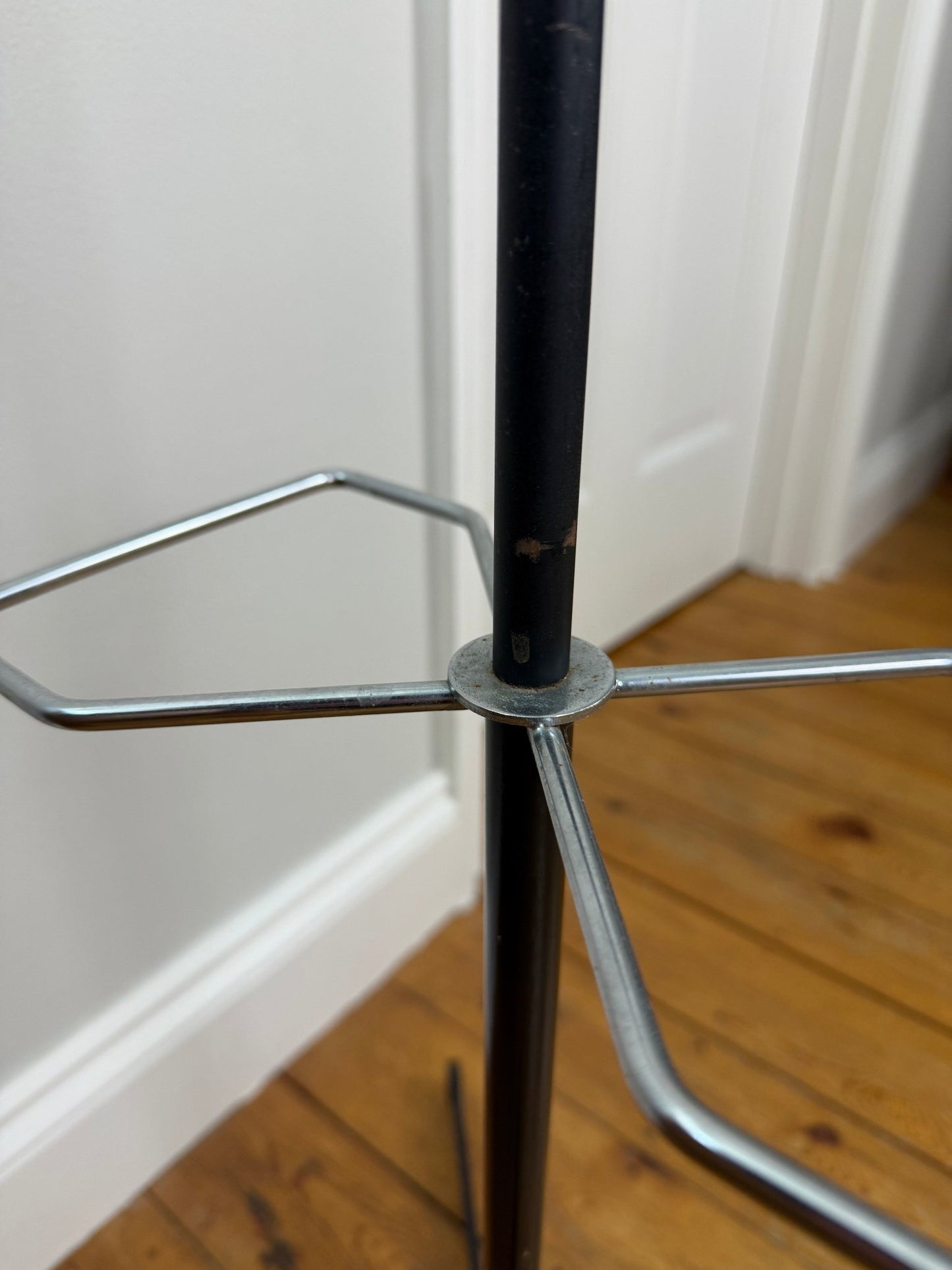 Mid - Century Atomic Coat Rack | Black Metal, Red Accents - The Vintage Allure
