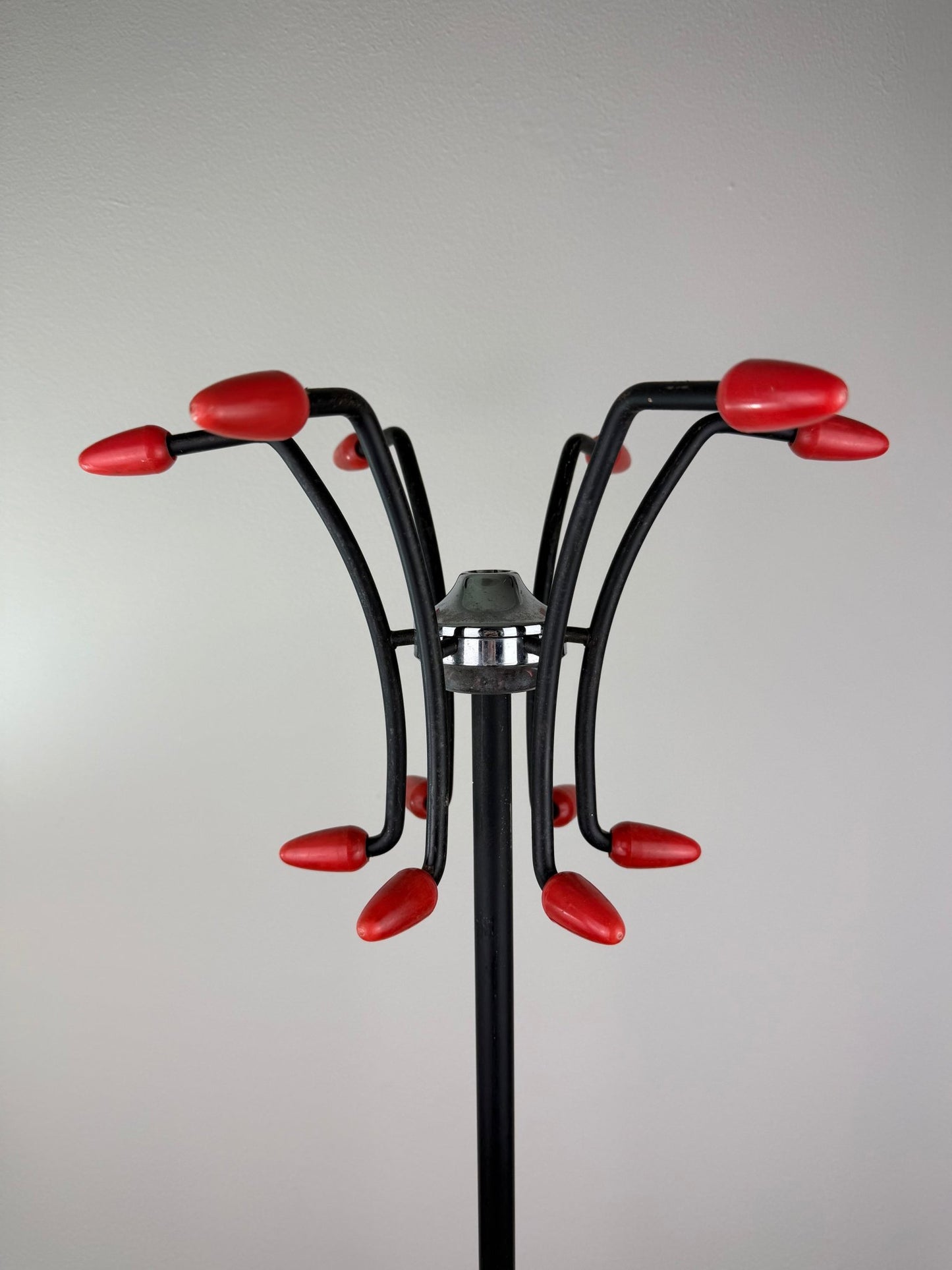 Mid - Century Atomic Coat Rack | Black Metal, Red Accents - The Vintage Allure