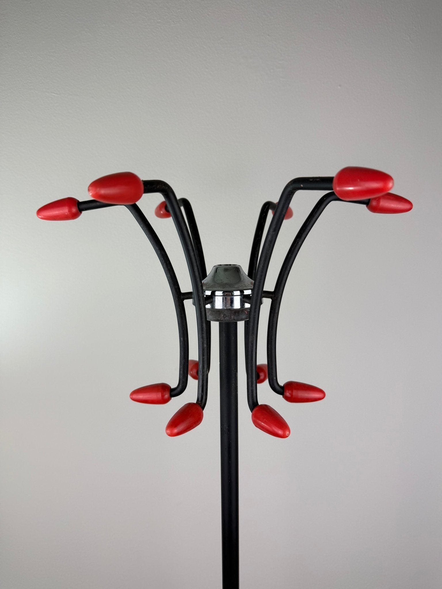 Mid - Century Atomic Coat Rack | Black Metal, Red Accents - The Vintage Allure