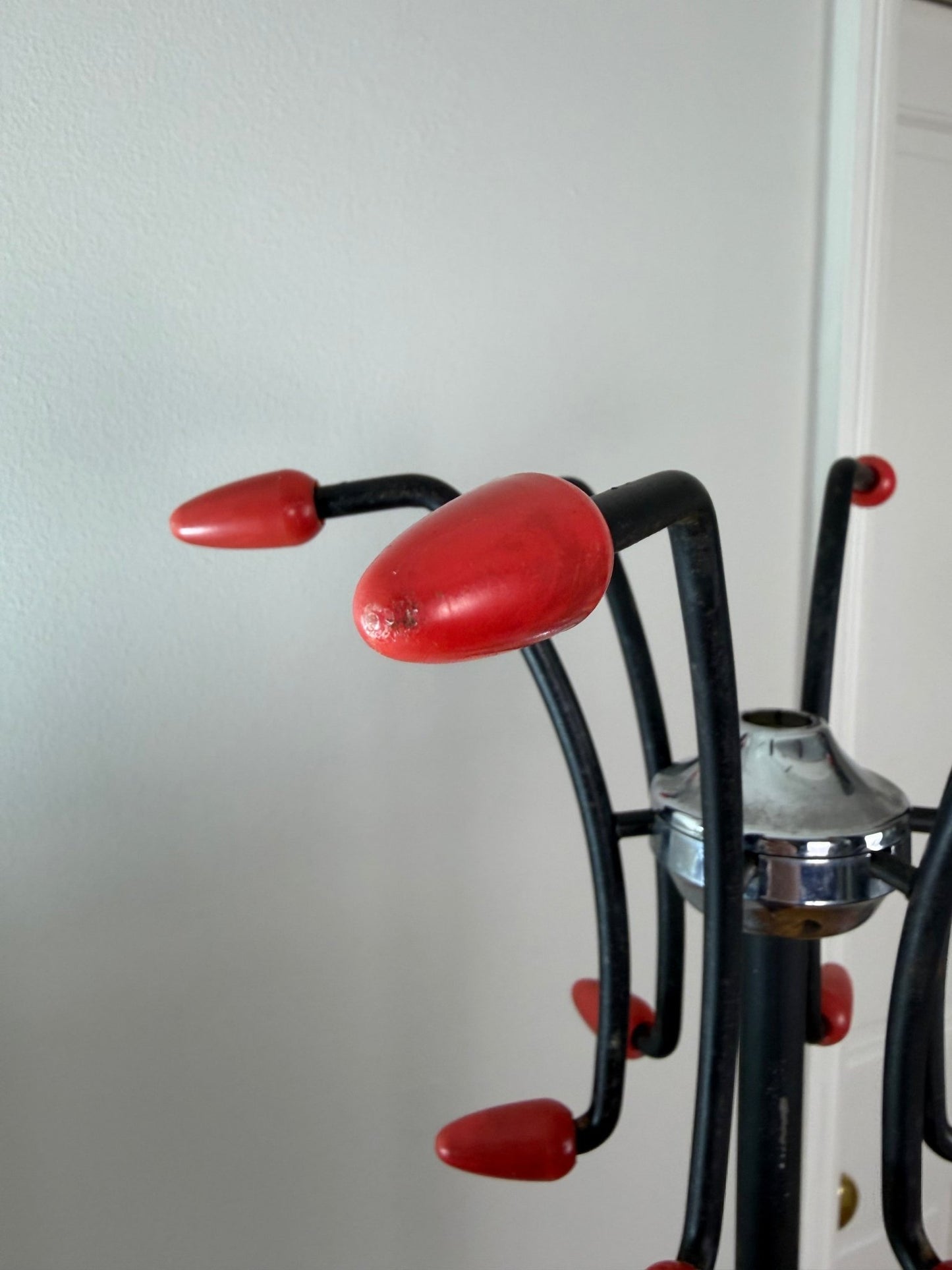 Mid - Century Atomic Coat Rack | Black Metal, Red Accents - The Vintage Allure