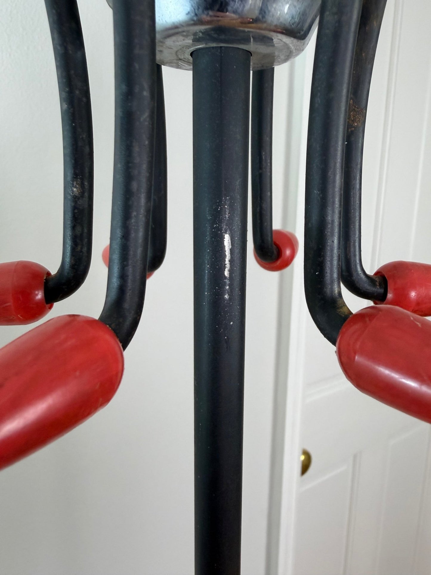 Mid - Century Atomic Coat Rack | Black Metal, Red Accents - The Vintage Allure