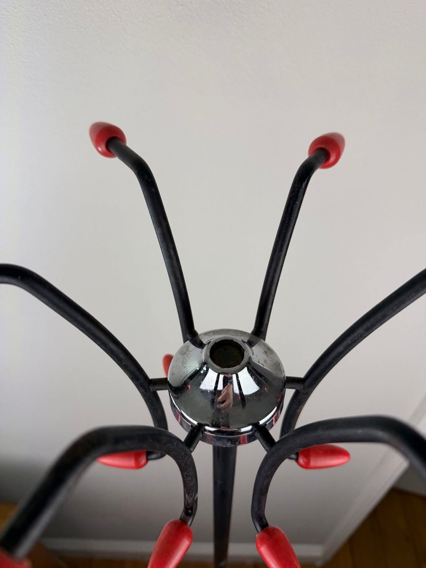 Mid - Century Atomic Coat Rack | Black Metal, Red Accents - The Vintage Allure