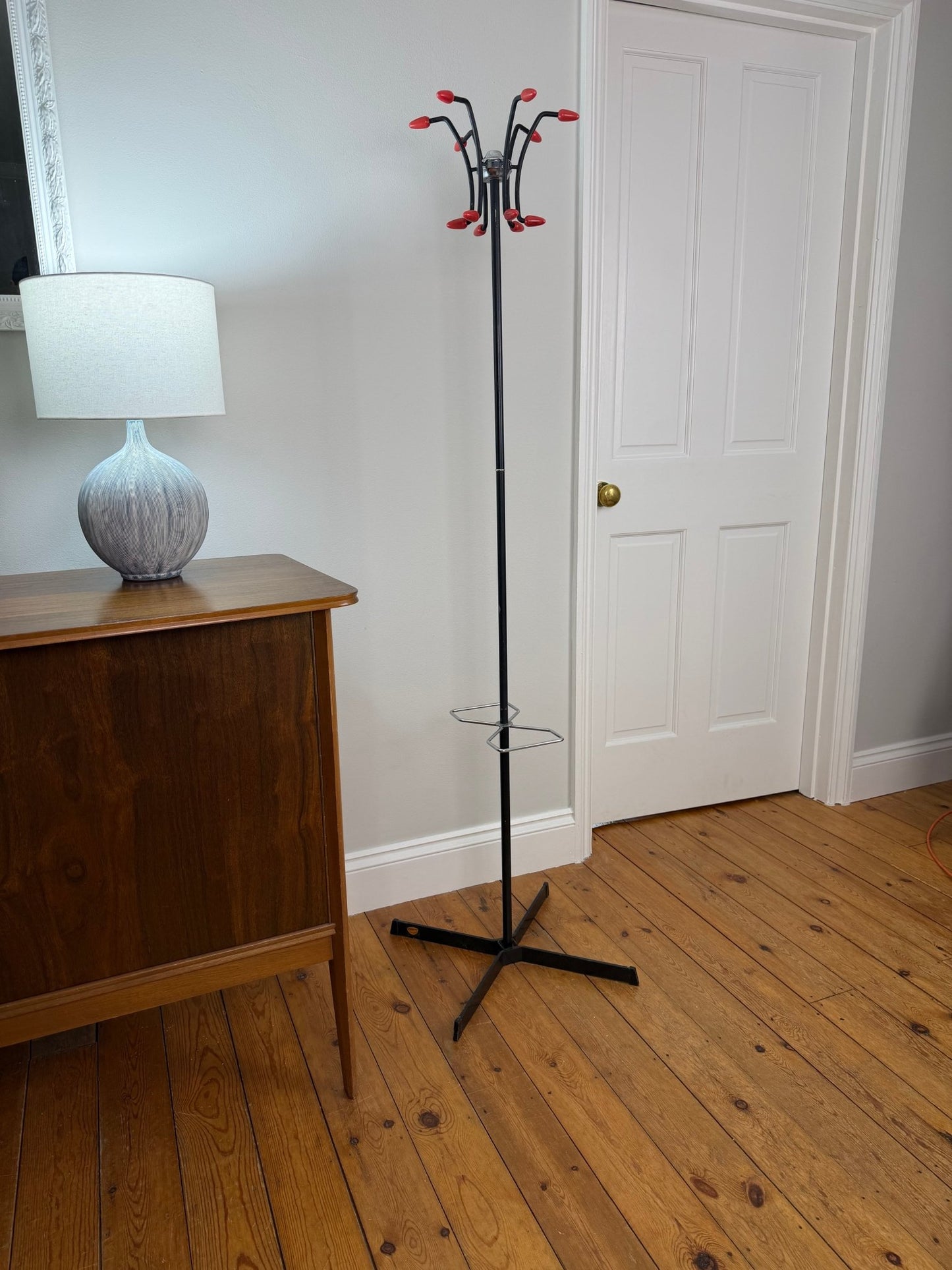 Mid - Century Atomic Coat Rack | Black Metal, Red Accents - The Vintage Allure