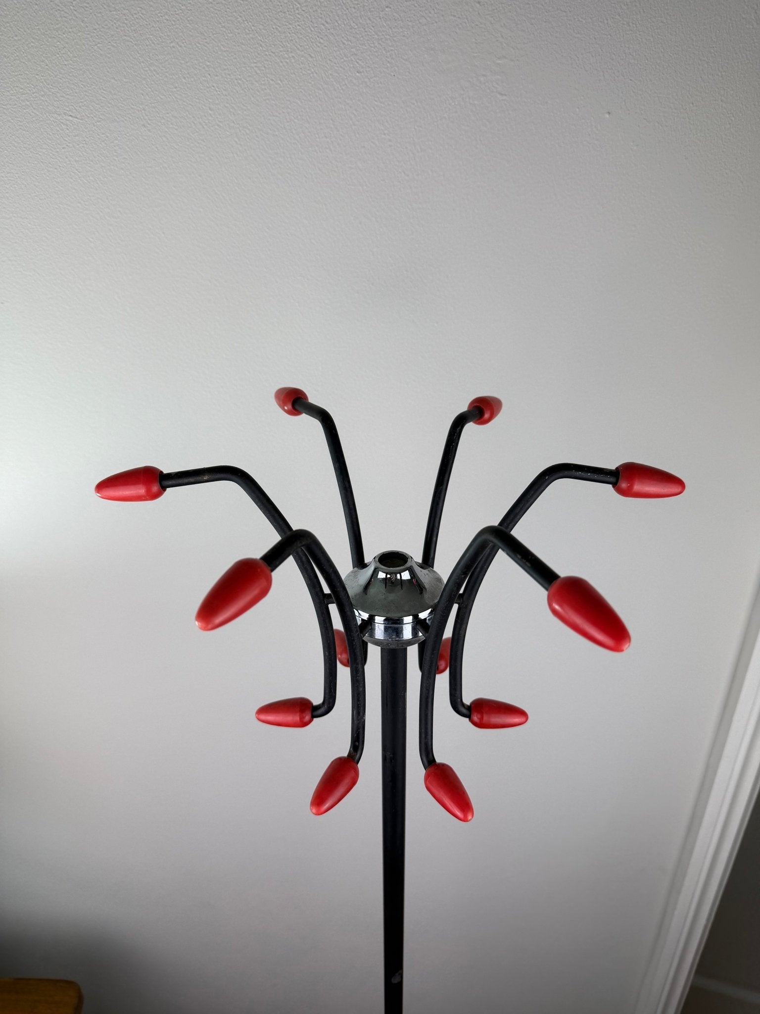 Mid - Century Atomic Coat Rack | Black Metal, Red Accents - The Vintage Allure