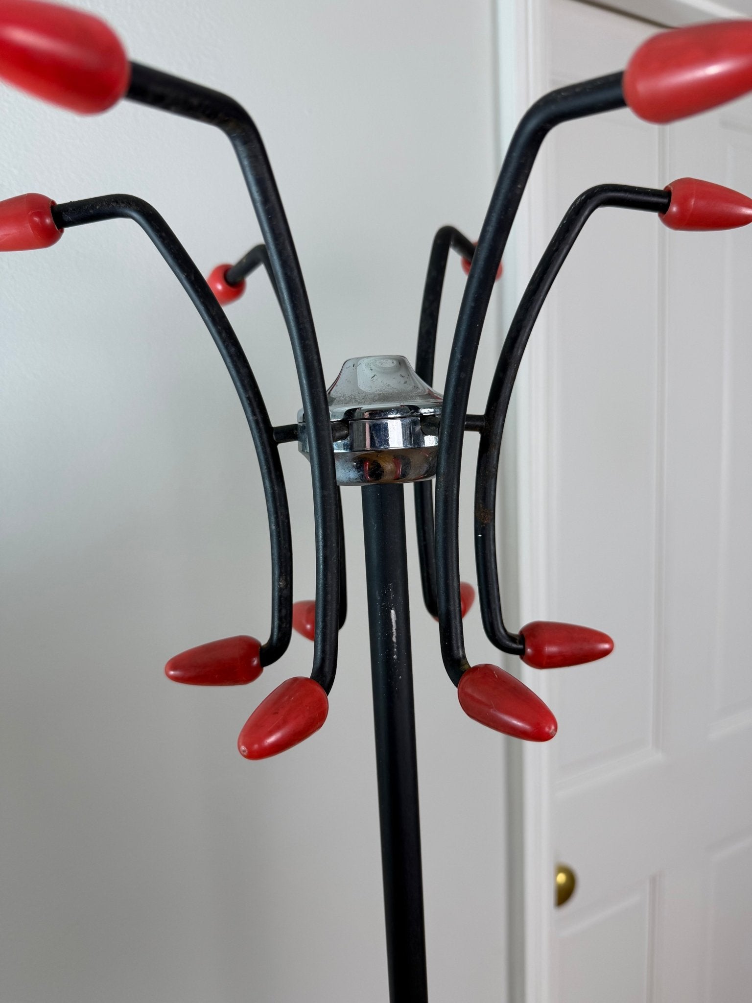Mid - Century Atomic Coat Rack | Black Metal, Red Accents - The Vintage Allure