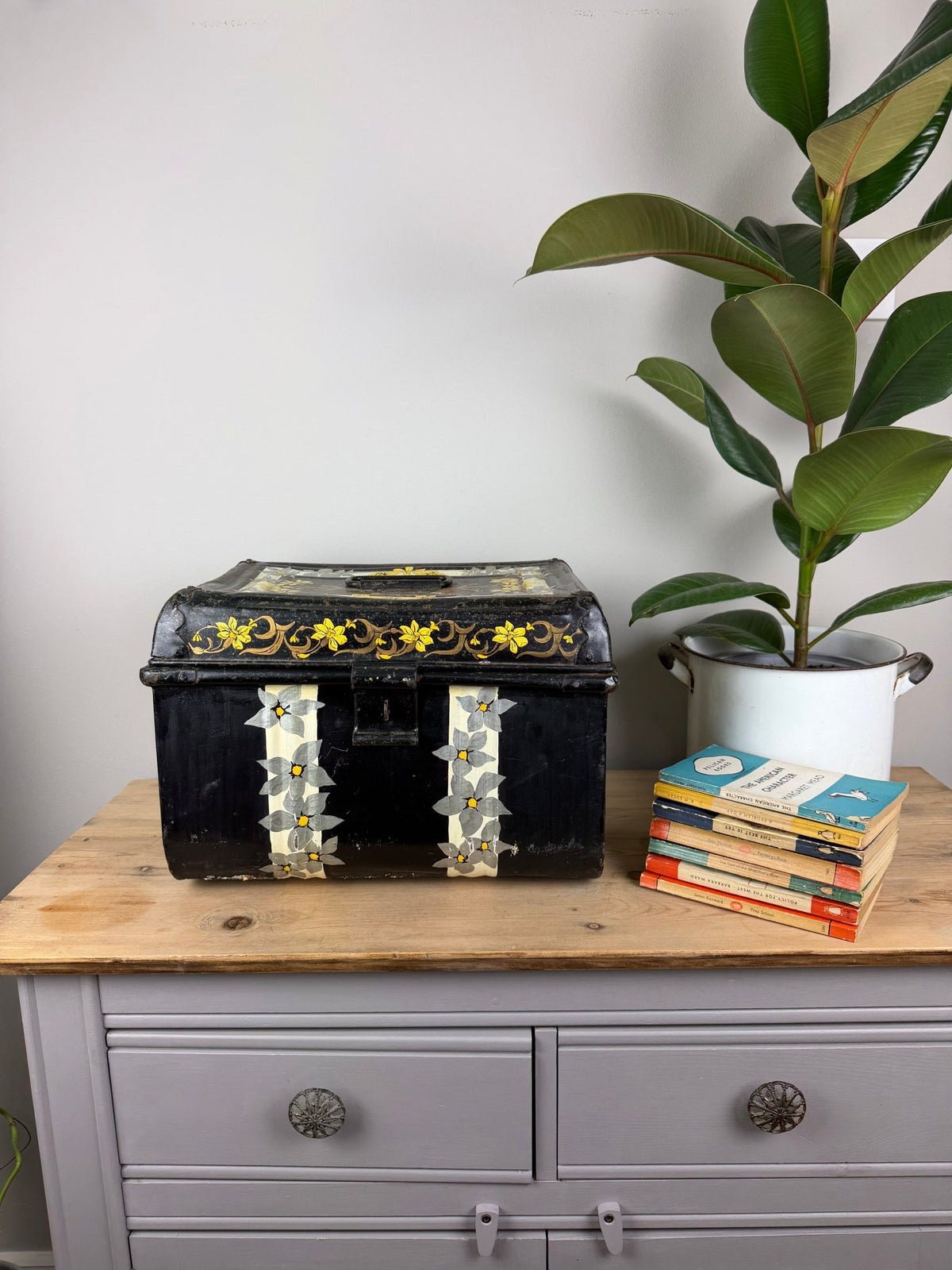 Vintage Black Metal Trunk with Hand Painted Flowers, Small Tin Storage Box - The Vintage Allure