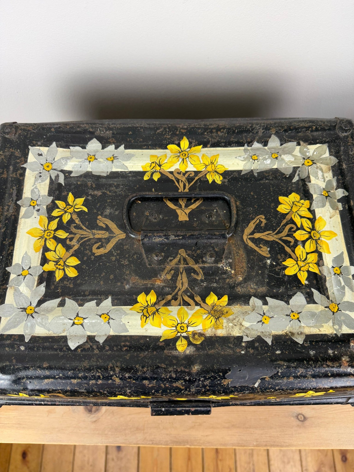 Vintage Black Metal Trunk with Hand Painted Flowers, Small Tin Storage Box - The Vintage Allure