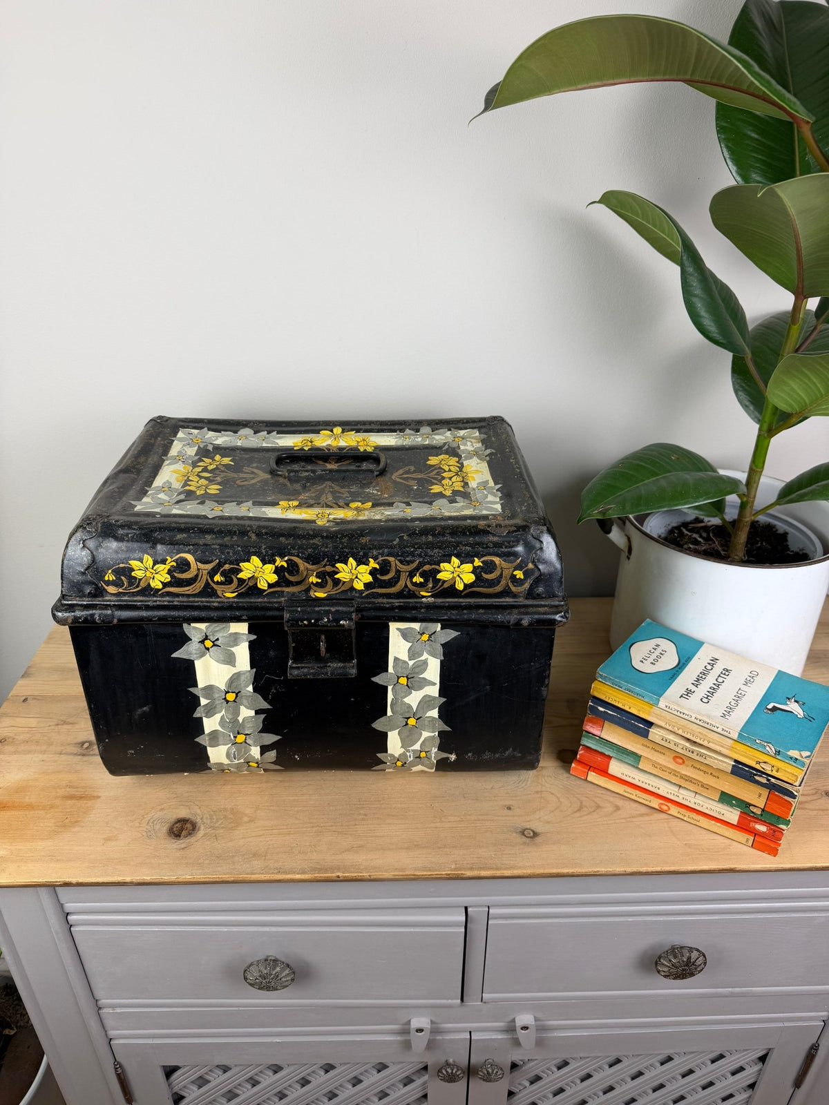 Vintage Black Metal Trunk with Hand Painted Flowers, Small Tin Storage Box - The Vintage Allure