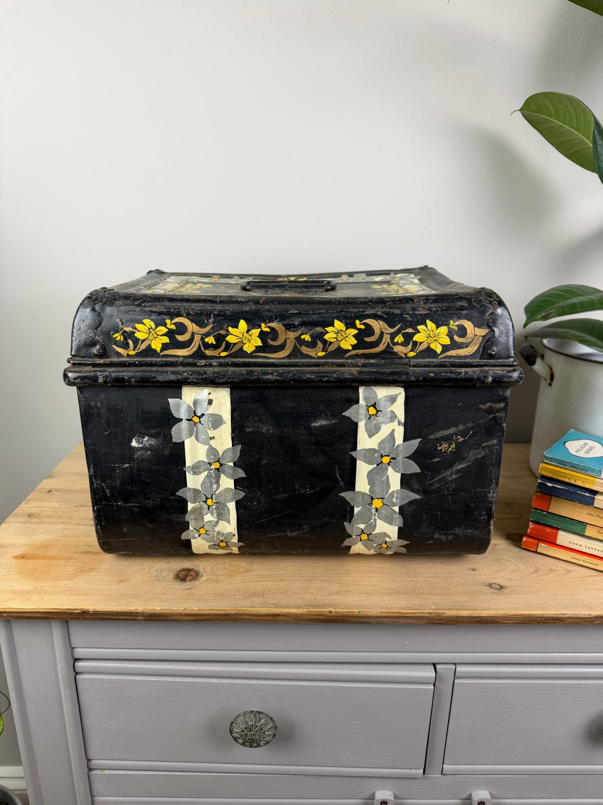 Vintage Black Metal Trunk with Hand Painted Flowers, Small Tin Storage Box - The Vintage Allure