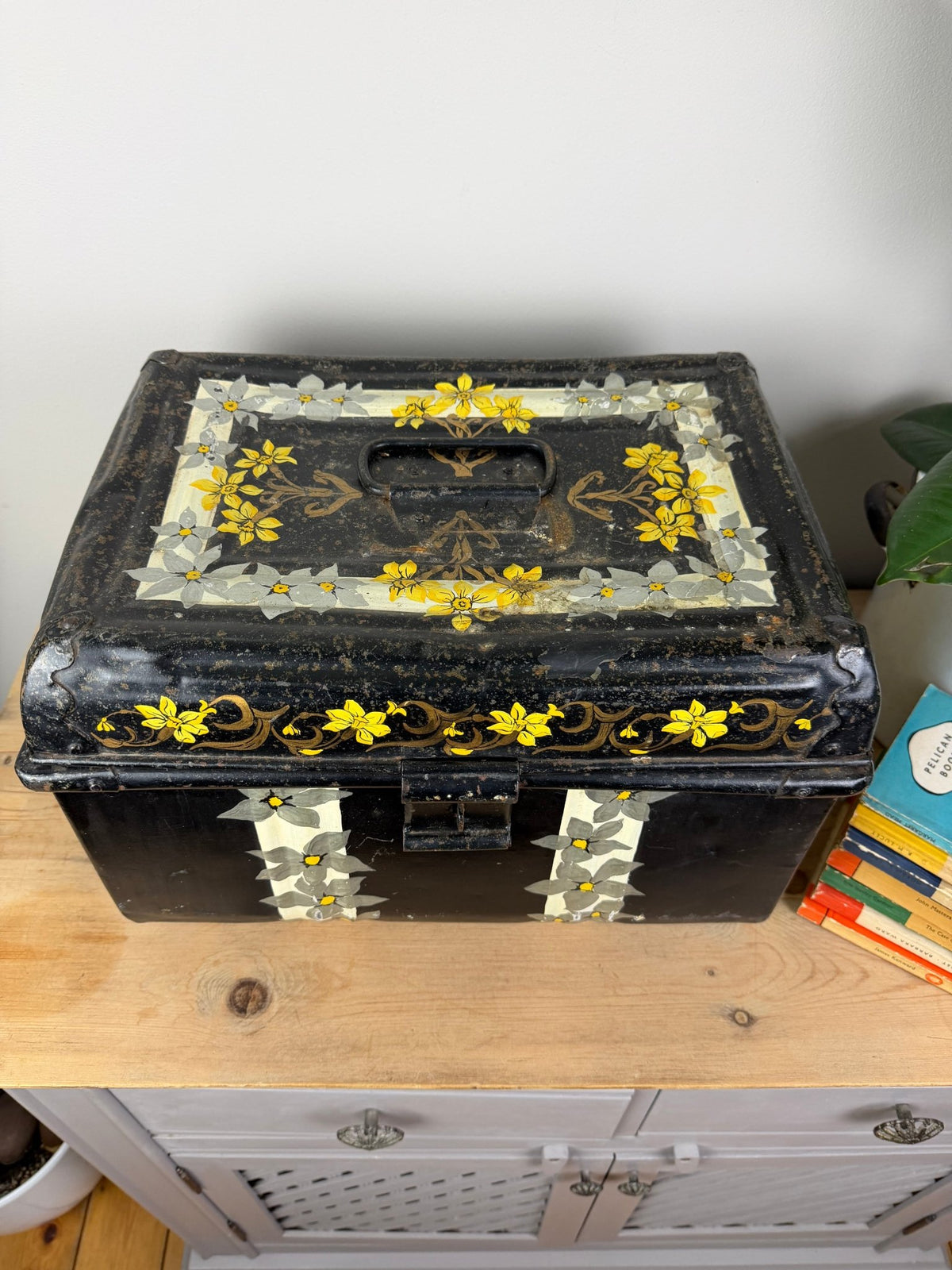 Vintage Black Metal Trunk with Hand Painted Flowers, Small Tin Storage Box - The Vintage Allure