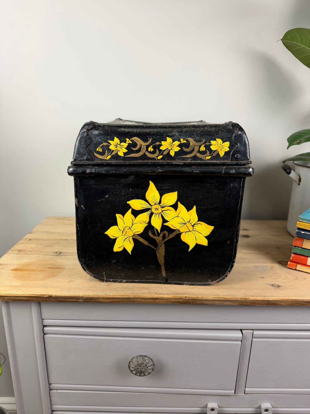 Vintage Black Metal Trunk with Hand Painted Flowers, Small Tin Storage Box - The Vintage Allure