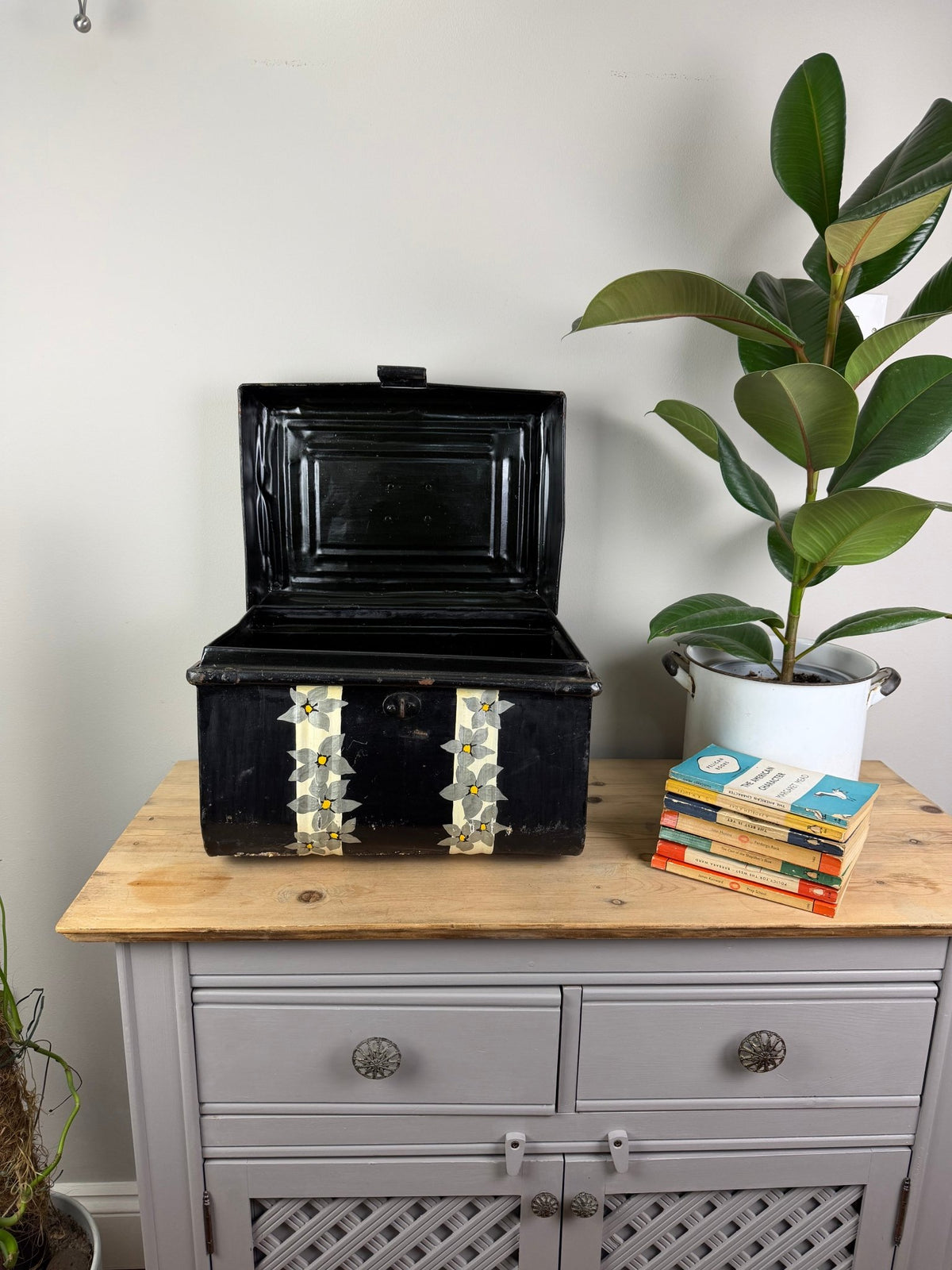 Vintage Black Metal Trunk with Hand Painted Flowers, Small Tin Storage Box - The Vintage Allure