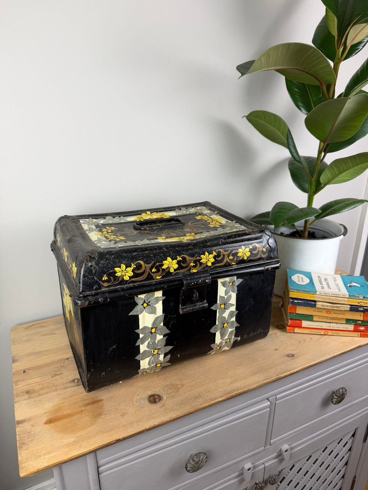 Vintage Black Metal Trunk with Hand Painted Flowers, Small Tin Storage Box - The Vintage Allure