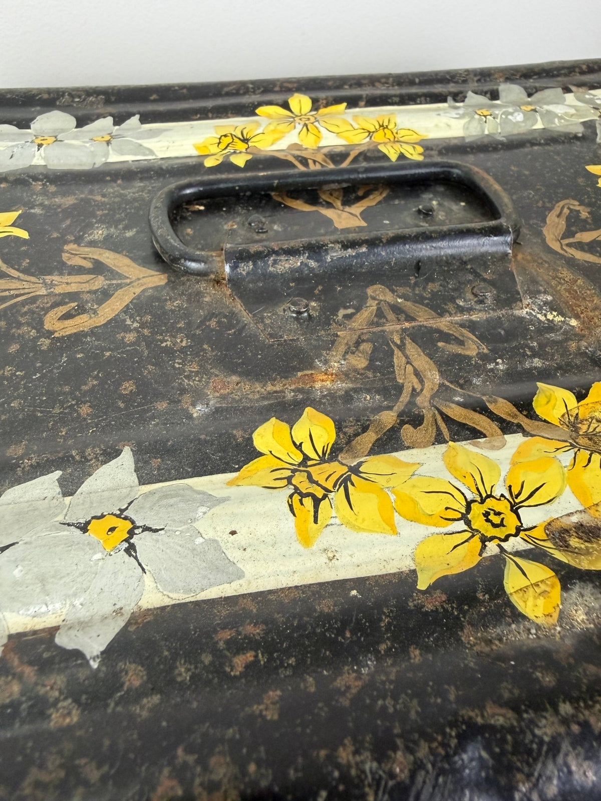 Vintage Black Metal Trunk with Hand Painted Flowers, Small Tin Storage Box - The Vintage Allure