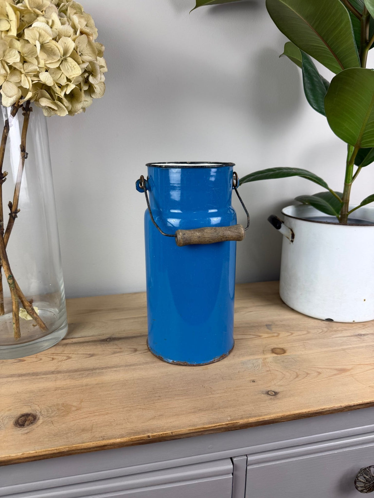 Vintage Blue Enamel Milk Churn, Wooden Handle, Farmhouse Vase Holder - The Vintage Allure