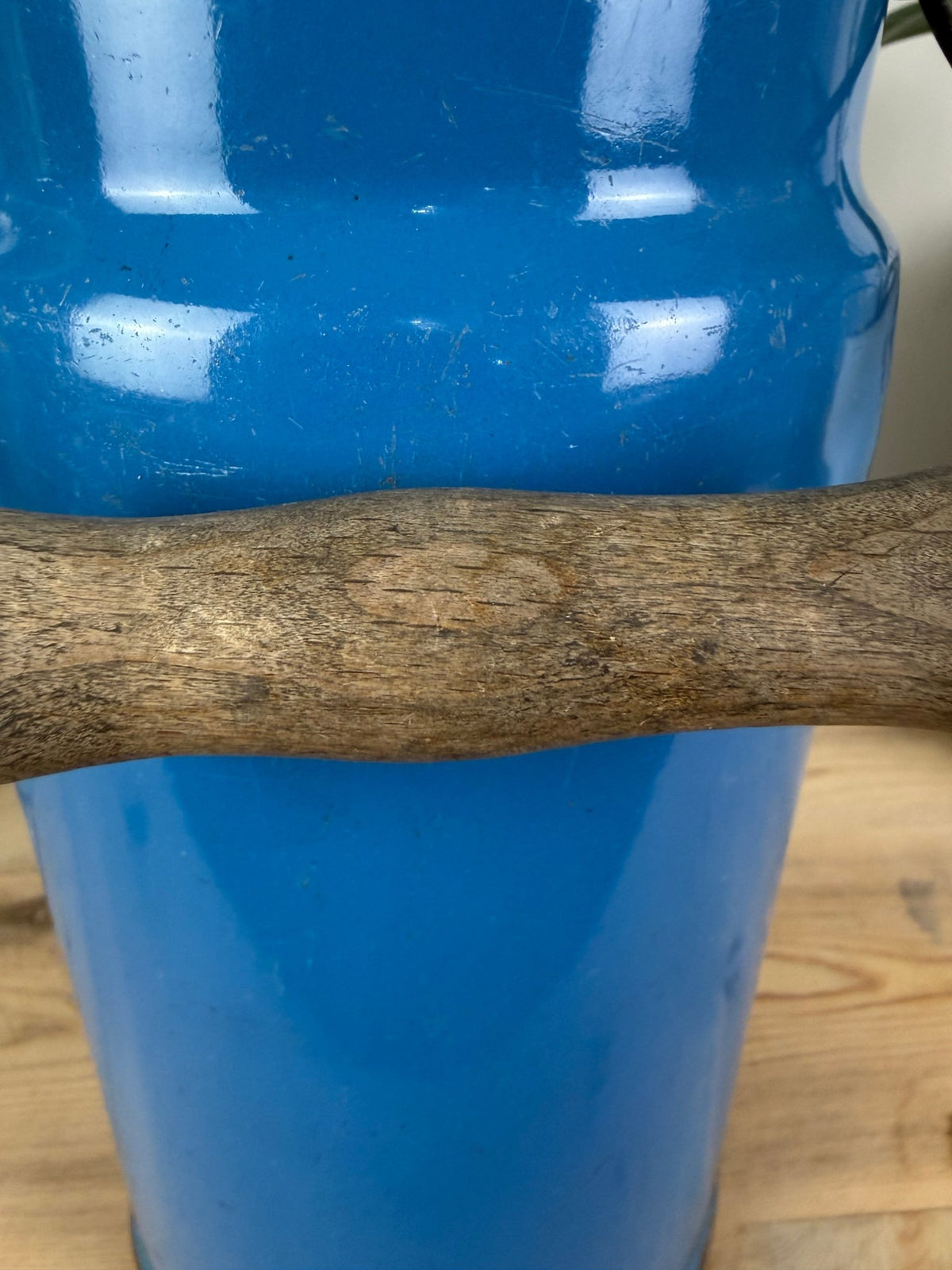 Vintage Blue Enamel Milk Churn, Wooden Handle, Farmhouse Vase Holder - The Vintage Allure