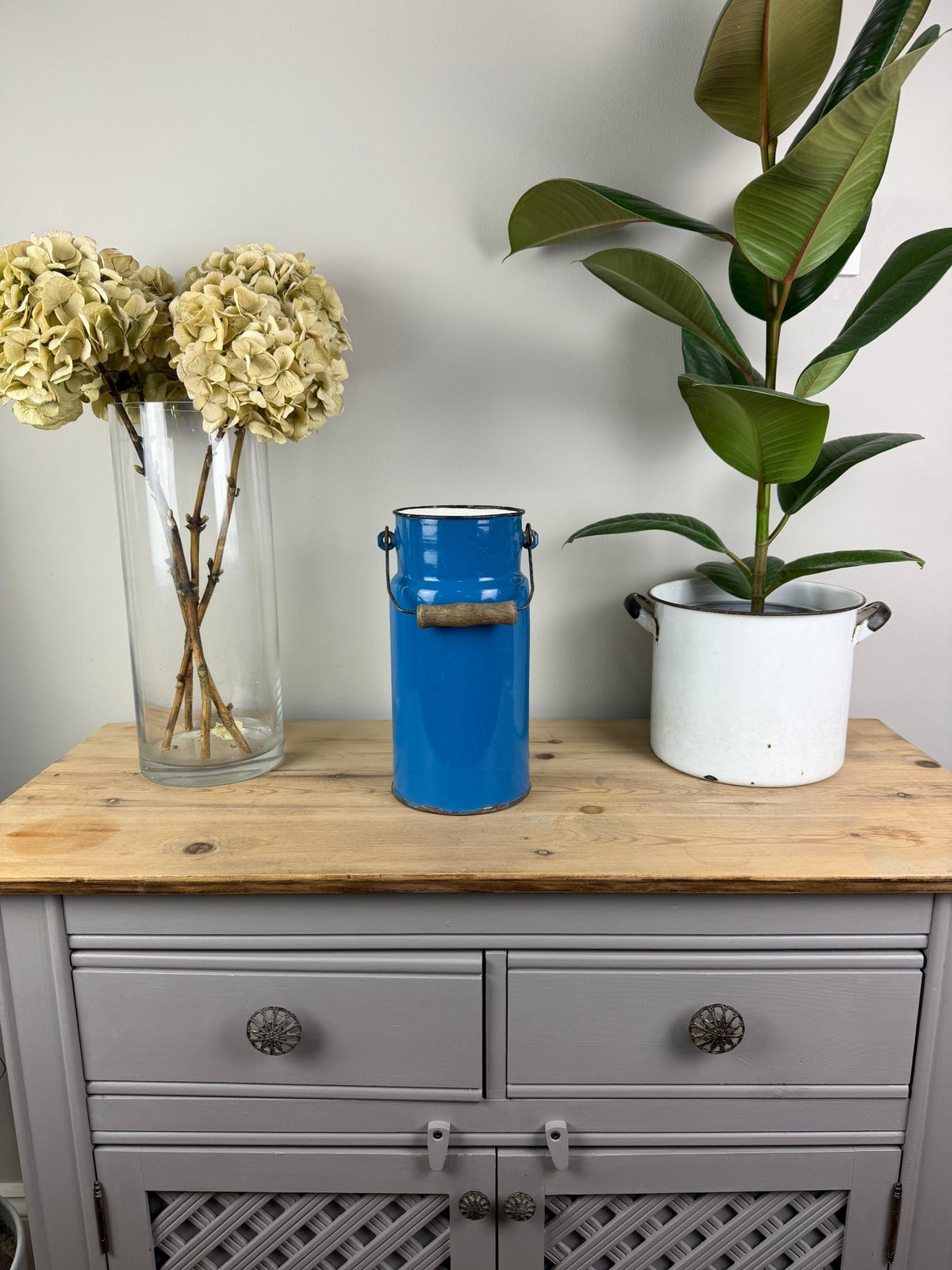 Vintage Blue Enamel Milk Churn, Wooden Handle, Farmhouse Vase Holder - The Vintage Allure