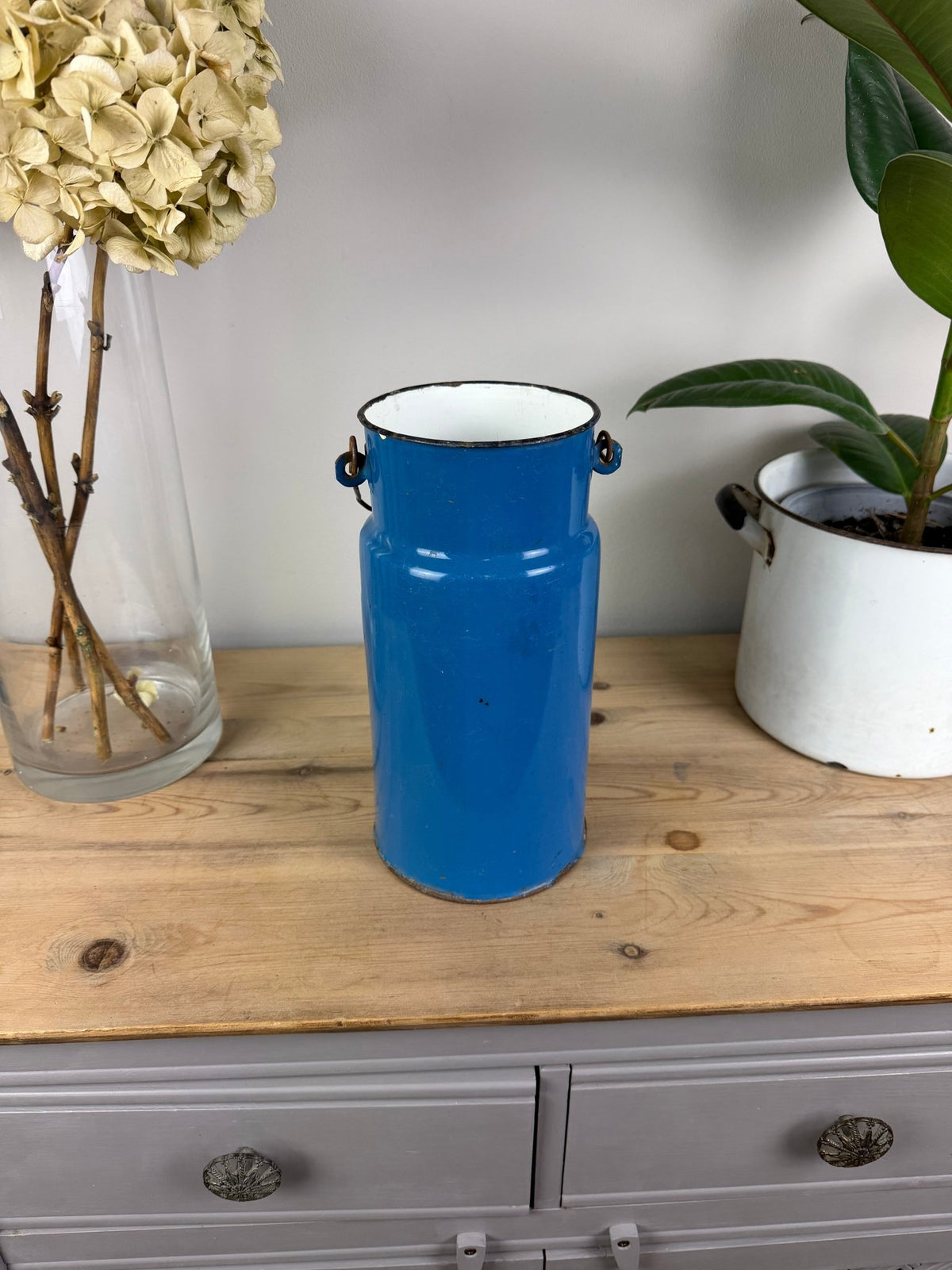 Vintage Blue Enamel Milk Churn, Wooden Handle, Farmhouse Vase Holder - The Vintage Allure
