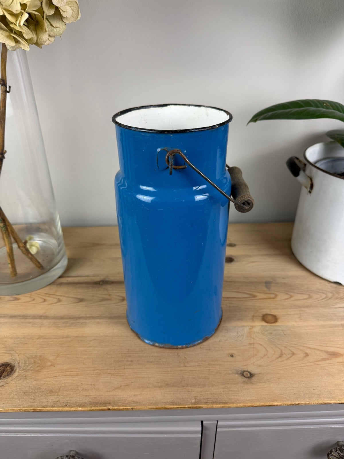 Vintage Blue Enamel Milk Churn, Wooden Handle, Farmhouse Vase Holder - The Vintage Allure