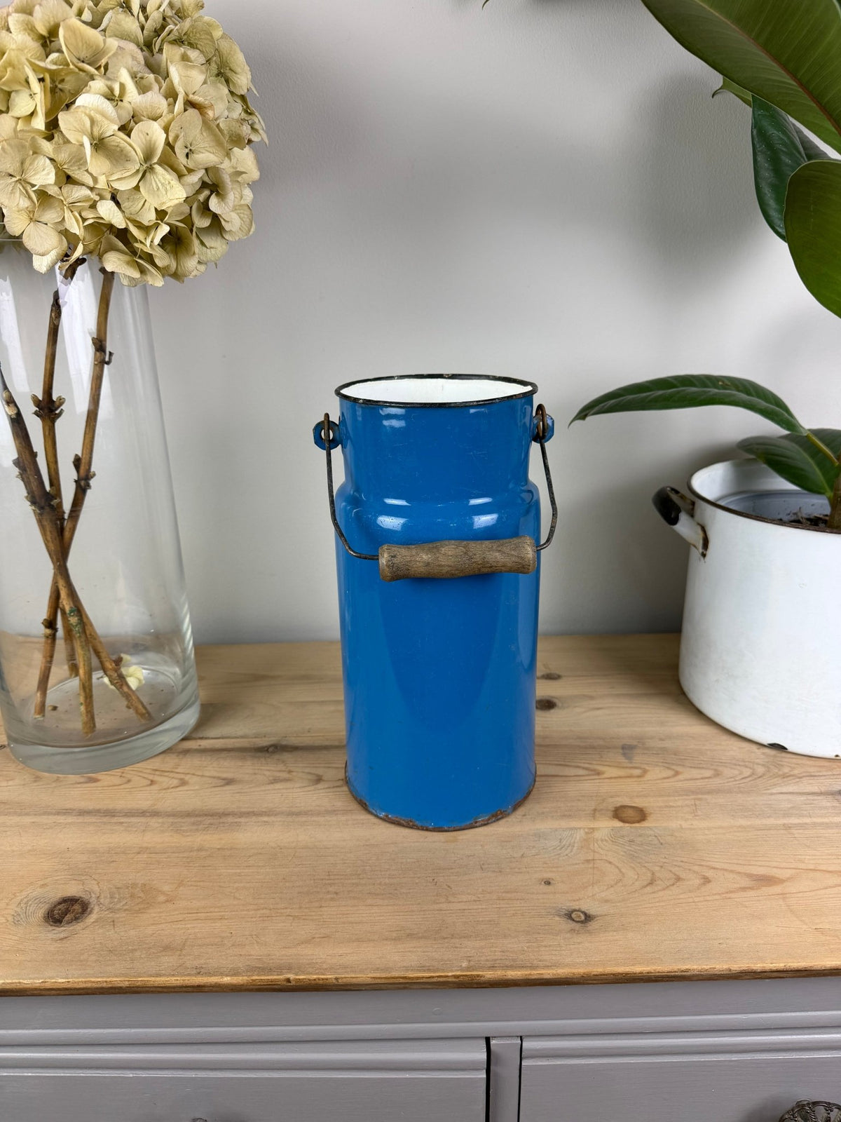 Vintage Blue Enamel Milk Churn, Wooden Handle, Farmhouse Vase Holder - The Vintage Allure