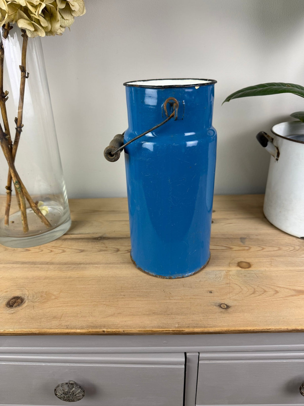 Vintage Blue Enamel Milk Churn, Wooden Handle, Farmhouse Vase Holder - The Vintage Allure