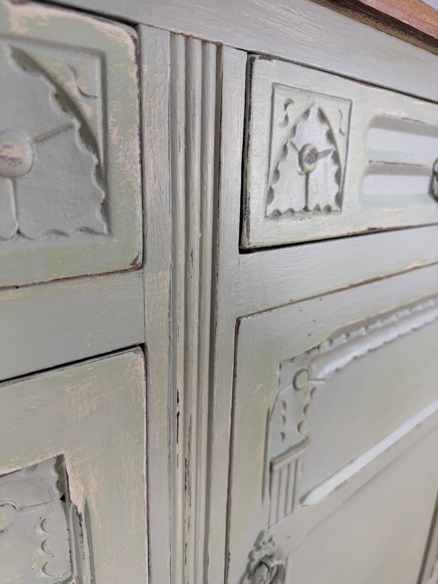Vintage French Farmhouse Sideboard Distressed Vert de Terre - The Vintage Allure