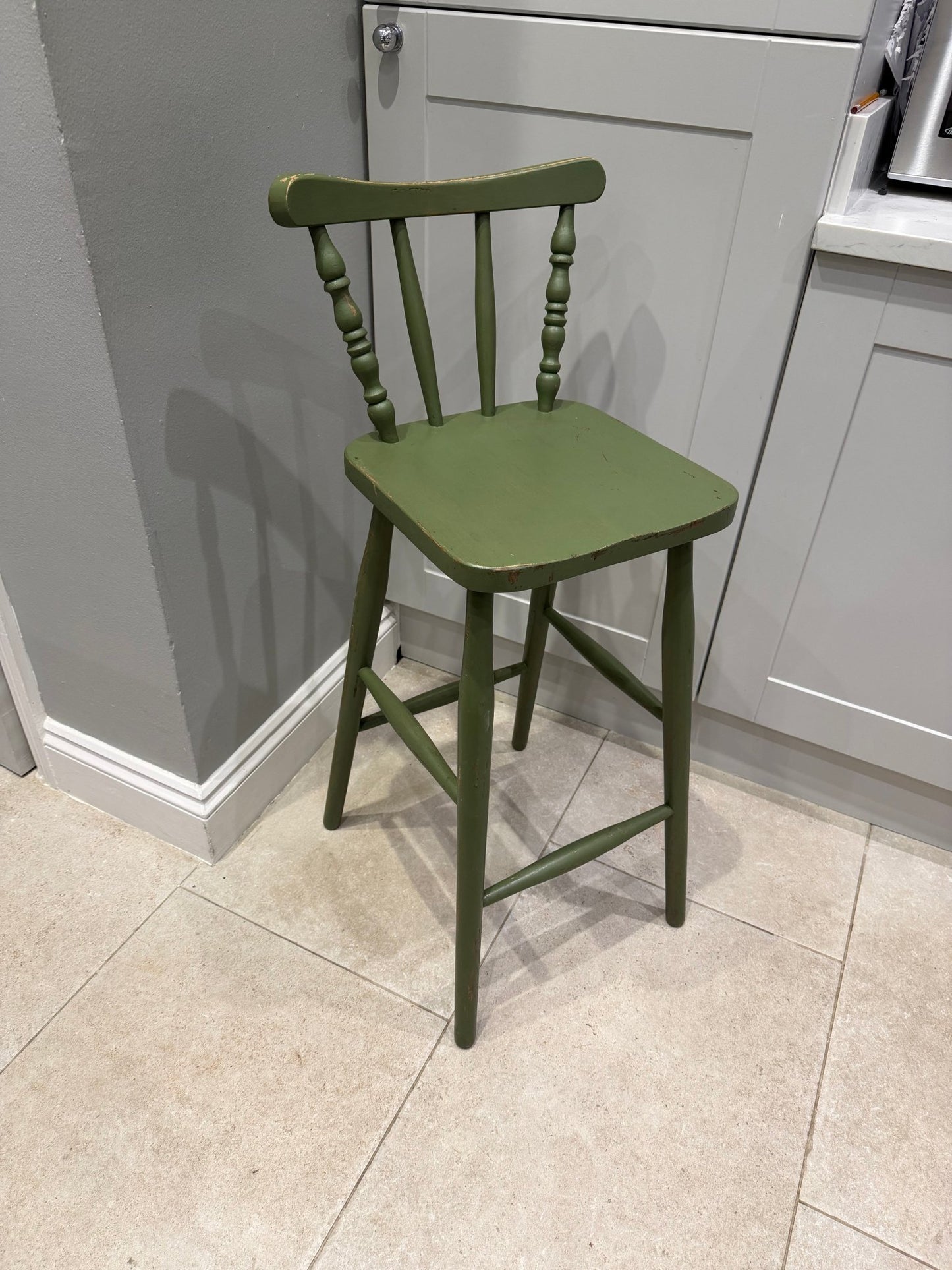 Vintage Green Bar Stools – Set of 2 Farmhouse Spindle Back Counter Chairs - The Vintage Allure
