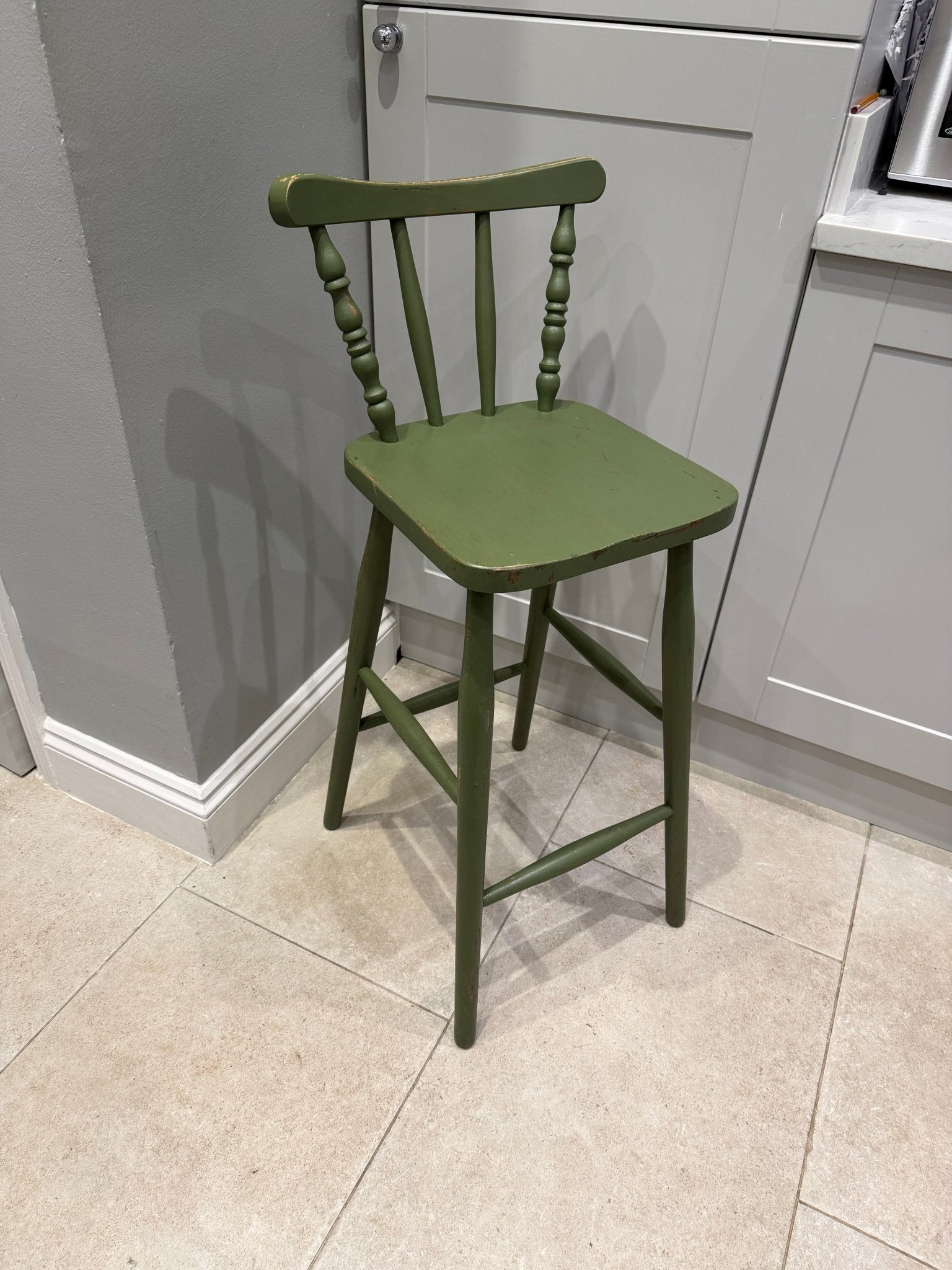 Vintage Green Bar Stools – Set of 2 Farmhouse Spindle Back Counter Chairs - The Vintage Allure