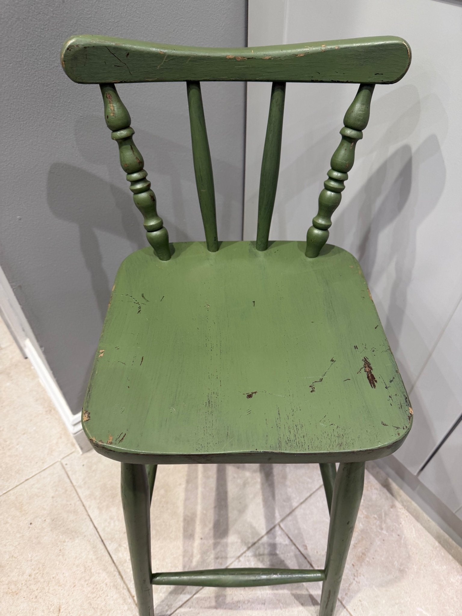 Vintage Green Bar Stools – Set of 2 Farmhouse Spindle Back Counter Chairs - The Vintage Allure