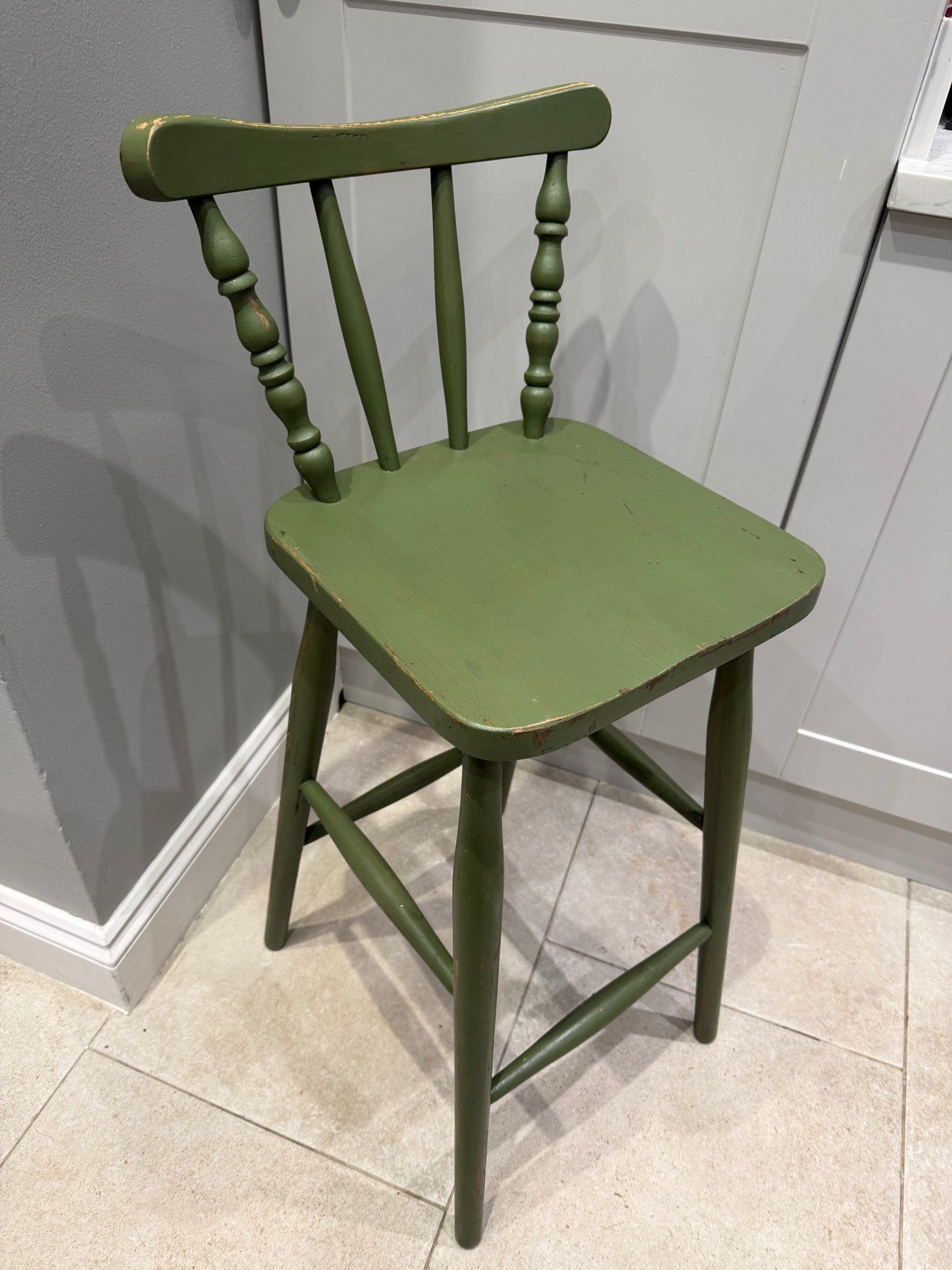 Vintage Green Bar Stools – Set of 2 Farmhouse Spindle Back Counter Chairs - The Vintage Allure